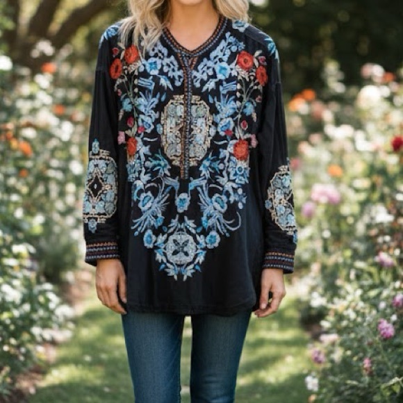 Johnny Was Tops - Johnny Was Jordan Sanded Black Floral Embroidered Tunic Long Sleeve Blouse XXS
